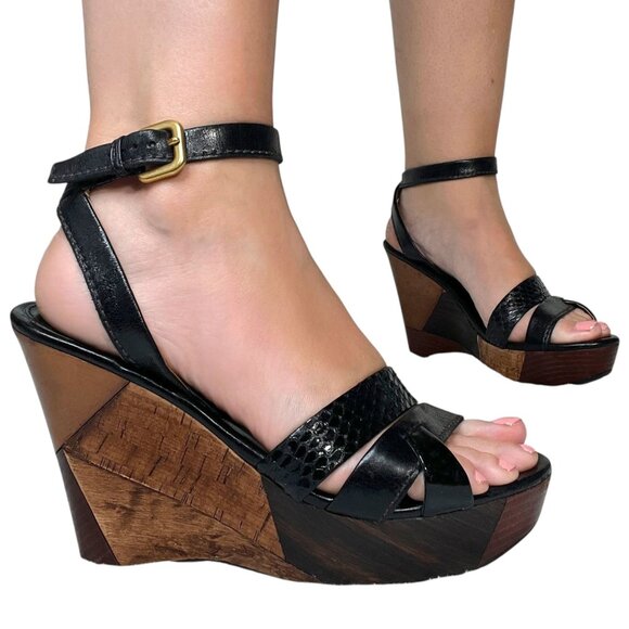 Prada Patchwork Wedges Retro Leather Wood Cork Y2K Boho Platform Heel Black 39.5 - Picture 1 of 16